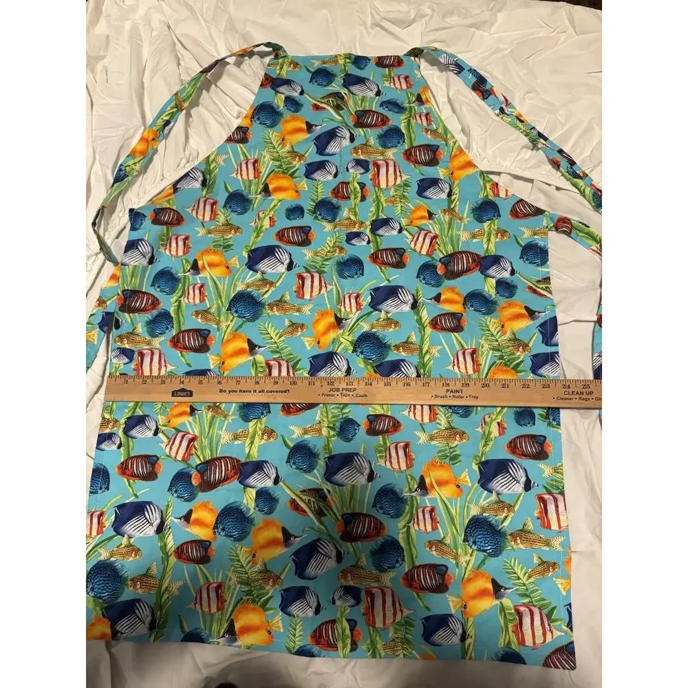 Reversible Colorful Fish , Green Design Print Tie Apron